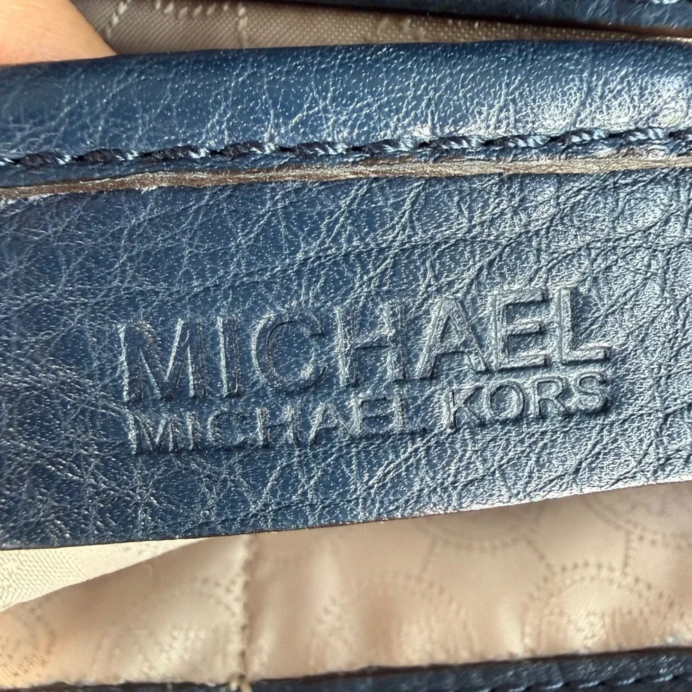 Michael Kors Navy Blue Pebbled Leather Satchel Handbag Silver Hardware Crossbody